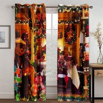 아파트화목난로 가정용 실내 3D 재미 있은 새해 복 많이 받으세요 크리스마스 산타 클로스 눈 벽난로 2 조각 얇은 음영 창 커튼 거실 침실 장식, [02] YELLOW, [11] 220Wx214H(CM)87x84in