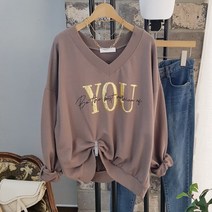 상상그이상 여성용 국내제작 유맨투맨 브이넥 가성비 좋은 부드러운 면 고급원단 구김없는 골드 레터링 포인트나염 캐주얼 데일리 가성비 좋은 포인트 좋은 맨투맨 티셔츠