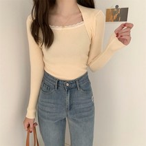 니트 이너셔츠 겨울 가을 체형커버티셔츠 스퀘어넥 긴 소매 의류 레이스 패치워크 상의 트렌드 3826841316