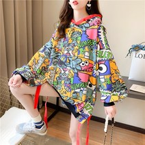 루즈핏 카툰 하프 맨투맨 박시 후드 티셔 긴팔