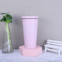 500ml 스테인리스강 빨대컵 더블 진공커피컵 304 보온컵 차량용 물컵 버블티 덮개 콜드컵 보온 보냉 커피 텀블러, 퍼플 핑크