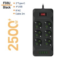 소켓 어뎁터 스위치 EU 플러그 전원 스트립 AC 콘센트 멀티 탭 연장 코드 전기 USB 포트 4 개 포함 고속 충전 프라이즈 네트워크 필터, [01] Eu 플러그, [01] F33 Black, 01 Eu 플러그