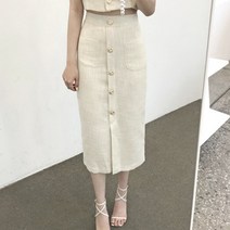 [랜덤플레이] 하객룩 금속단추 포켓 롱스커트