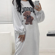 카라샵 귀여운 곰돌이 맨투맨 루즈핏 롱 원피스 퍼프소매 3color