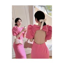 핫핑크원피스 롱 왕리본 드레스 스커트 뒤트임 오프숄더
