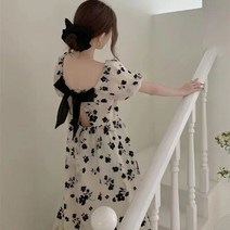 여름 여성용 스퀘어넥 퍼프 소매 잔꽃 플라워 롱 원피스 드레스 등 트임 리본
