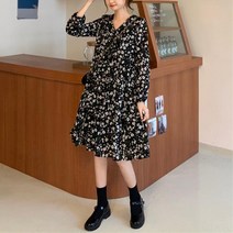 러블리한 플라워 셔링 여자 긴팔 브이넥 가을 원피스