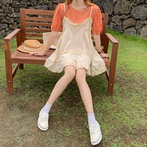 DFMEI 부드러운 퍼프 소매 루즈핏 상의 투웨이 달콤한 레이스 나무 귀걸이 나시 원피스