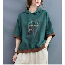 SAMARA 여자 반팔 후드티 봄 여름 데일리 배색 투톤 캐릭터 프린팅 모자달린