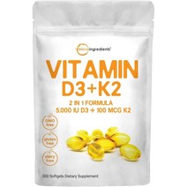 300 Count (Pack of 1) Micro Ingredients Vitamin D3 5000 IU with K2 100 mcg 300 Soft-Gels | K2 MK-7, Unflavored