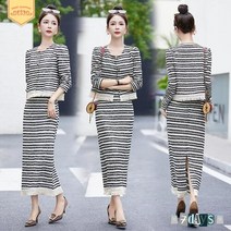 여자치마 세미 빈티지 슬림핏 가을 아우터 스커트 투피스 세트 스트라이프