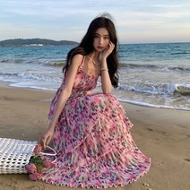 프랑스 스타일 해변 사진 의류 불멸의 휴가 꽃 드레스 슬링 케이크 스커트 슬리밍 비치 스커트 여성 여름
