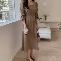 [랜덤플레이] 레트로 벌룬 퍼프 허리 여밈 롱 원피스