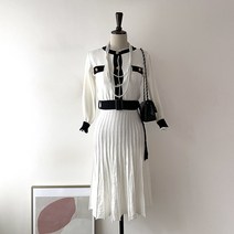 벨트세트 금장 단추 배색 주름 머메이드 롱 니트 원피스 3컬러