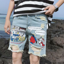 여름 반바지 남성 패션 데미지 찢청 캐릭터 패턴 프린트 데님반바지 루즈핏 5부 청반바지