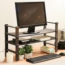 런메이크 브릿지 모니터받침대-높이조절 듀얼 거치대 선반 수납, 블랙