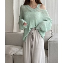 썸머 린넨 파스텔 어깨 트임 V넥 부클 니트
