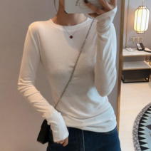 팡드리옷장 여성 봄 가을 긴팔 데일리 라운드 면 슬림 기본 무지 티셔츠