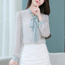 넷투넷코리아 여성 v넥 리본 빈티지 패턴 쉬폰 블라우스 오피스룩