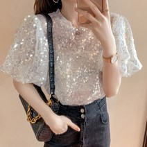 여성 스팽글 반짝이 화려한 클럽 댄스 메쉬 쉬폰 셔츠 탑 루즈핏 퍼프