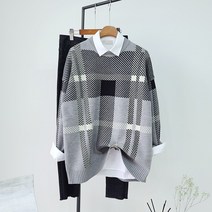 반즈하우스 (3컬러) 남자 짱짱한 오버핏 데일리 체크 라운드 니트