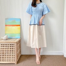 요시아나 [당일발송] 배색 스모크 날개소매 롱 원피스 -3컬러