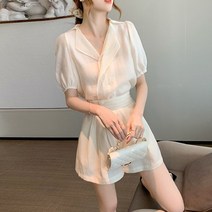 Crzen 여자 여름 반팔세트 V넥 반팔셔츠+와이드 반바지 투피스 23N3