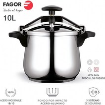 Fagor Clásica Bombe 압력솥 10리터 인덕션 고속 압력솥 18/10 스테인리스 스틸 모든 유형의 스토브, 단일옵션, 단일옵션
