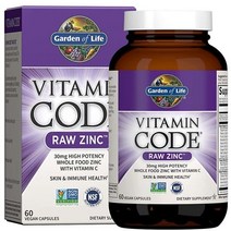 Garden of Life 비타민 코드 로우 징크 30mg 60캡슐 면역 지원을 위한 미량 미네랄 및 프로바이오틱스 Vitamin C 인증된 비건 비 GMO 및 Gluten 프리 아연 보충제