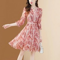 쉬폰 프린트 원피스 여하 2023 빅 7부 소매 작은 키 조임 날씬해 보이는 미디스커트 긴팔원피스