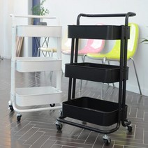 (라이크홈)이동식 트롤리 선반 트레이 세탁실 틈새 수납장 바퀴달린 간식팬트리 카페 쇼파밑막기, 코랙코리아 트롤리 유핸들 3단 화이트