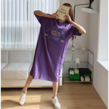 나인테일 여성 봄 여름 홈웨어 집콕룩 이지웨어 펫 웰니스 레터링 라운드넥 5부반팔 롱원피스 3컬러 블랙 크키 퍼플