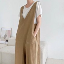 옷자락 [옷자락] 여자 큐롯 딥브이 린넨 와이드 팬츠 나시 점프수트