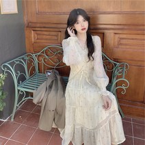 2022 봄 가을 여성복 티타임 프렌치 키 작은 사람들 부드러운 분위기 플라워 시폰 원피스 롱