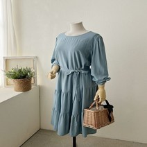 여성 러블리한 캉캉 셔링 허리끈 피크닉 미디원피스