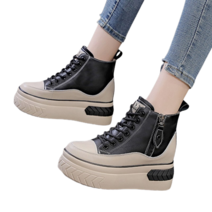 도오빠 뮤하르 여성 키높이 운동화 통굽 워커 가죽 8CM 하이힐 레이스업 사이드지퍼 하이탑 사계절 여자운동화 신발