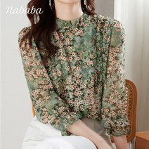나바바 NB1344 여성 빈티지 플라워 패턴 셔링 5부 쉬폰 블라우스