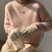 봄 사계절 밝은 핑크 앙고라 라운드 넥 밍크 캐시미어 스웨터 여유있는 풀오버 푹신하고 부드럽고 따뜻한 여성 옷