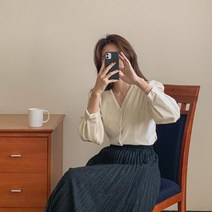 숄드 포인트 벨뱃 브이넥 버튼 블라우스 우아한 기본