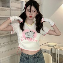 하이틴룩 Y2K 세미 크롭 반팔 셔링 스타일 티 코디 키치 복고풍 룩 CT133