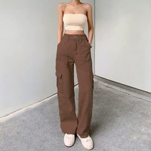 여성카고바지 여성카고팬츠 여성통바지 여성 솔리드 컬러 카고 팬츠 하이 웨이스트 스트레이트 레그 버클