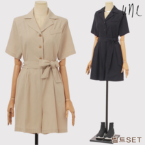[윈] [벨트set][린넨혼방]뉴트로칼라버튼린넨점프수트