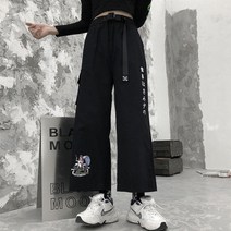 Anime Print Pants 여성 New 한국어 하라주쿠 느슨한 하이 웨이스트 슬림 블랙 바지 벨트 캐주얼 스트레이