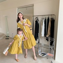 모녀 원피스 시밀러 엄마딸 맘 커플 룩 부모자식 여름 새 어머니와 딸 라운드 넥 반팔 코튼 솔리드 컬러 무릎 길이 드레스 아기 소녀 옷