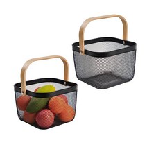 SANHSEHOME 금속 메시 스틸 바구니 채소 수집을 위한 정원 수확 바구니 손잡이 포함 사각형 와이어 바구니 보관 정리함 다기능 과일 바구니 통 주방 정원 피크닉용(화이, 2-Pack Black