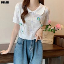 DFMEI 펀칭 반팔 니트 여 패치워크 플라워 탑 여