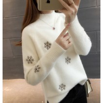 골프 방풍 니트 스웨터 여성 터틀넥 풀오버 점퍼 새로운 모방 밍크 자수 스노우 플라워 의류 Vestidos LXJ9