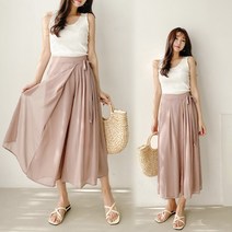 쉬폰 랩 주름 플리츠 치마 바지 와이드 밴딩 리본 팬츠 4컬러