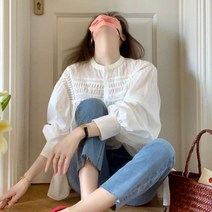 빅카라 블라우스 둥근카라블라우스 브이넥 셔츠 프랑스 복고풍 흰색면과 린넨 탑 여성 봄 드레스 디자인 감각 틈새 하이 엔드 인형 달콤한 긴팔