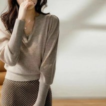 베프몰 여성 고급 금사 울 니트 예쁜 브이넥 티 셔츠 코코아
